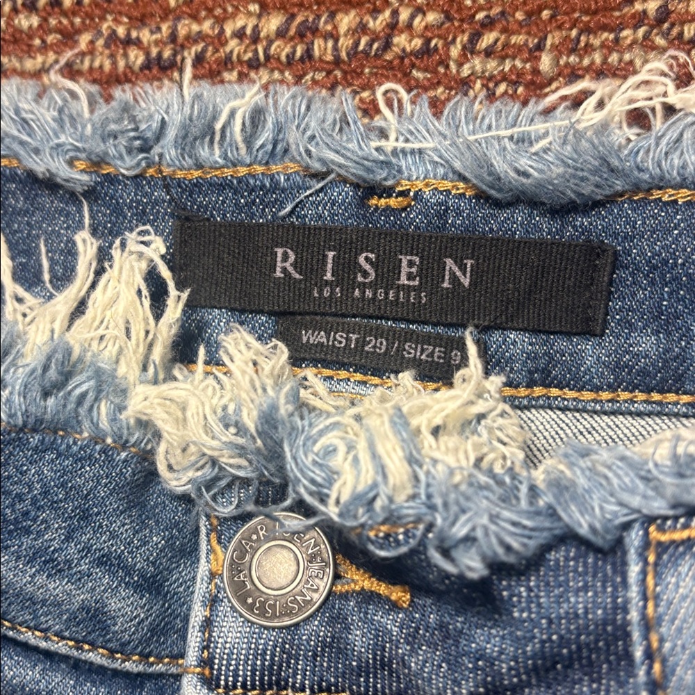 Risen denim crop frayed distressed medium wash high rise jeans women’s 29 size 9 - Picture 4 of 13